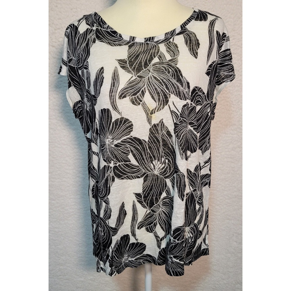 Tahari Cap Sleeve Top Blouse Size XL Black White Floral Pullover 100% Linen 1960